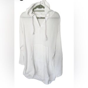 White Hooded Pullover beach cover up with Front Pocket LARGE